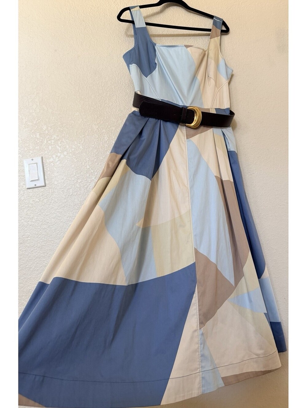 New Donna Karan Abstract Pleated Sleeveless Belted Cotton Dress Sz 14 $189 - Picture 6 of 11